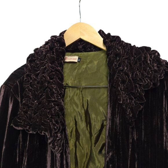 Vintage CUPCAKE Crushed Velvet Jacket Coat Open Front Ruched Accents Plum Purple - Picture 2 of 6